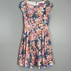 Betsey Johnson Womens Size 4 Floral Laser Cut Out Fit and Flare Dress Watercolor